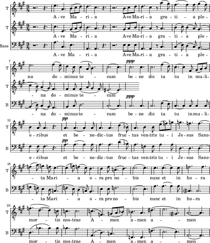 
<<

\new Staff \with {
  midiInstrument = "trumpet"
  shortInstrumentName = #"T "
  instrumentName = #"T "
  } {
  \relative c' {  
   \clef "treble_8"
   \time 9/8 \key a \major 
  r2. r4.
        e4. a,4. b8 (cis d)
        d4. cis4. r4.
        r2. b8 cis d
        d4. cis4 r8 a'4 (gis8)
        fis4. (fis4) fis8 gis4 (fis8)
        e2.   fis4 (e8)
        d4 cis8 cis4 ( a8 b4.)
        cis2. (cis4.)
        cis2. ^\ppp cis4.
        cis2.  fis4 (d8)
        cis4. (cis4) fis,8 gis8 (a8) b8
        b4 a8 a4. r4.
        a4. ^\pp a4. (a4) a8
        a4. a4. d4 (bes8)


        a4. b4 b8 e8 (f) g
        g4. f4. f4.~ 
        f4 (a8) g4 f8 e4.~e4 (g8) f4 (e8) d4.
        d4 fis8 c4. (d4.) 
        e2. (e4.)
        e4. e4. (e4) e8
        f2. f4.
        f4. (d4.~ d4) c8
        c4. c2.
        c4. (f,4.) g8 (a bes)
        bes4. a4. dis4. 
       (e2. gis,?4.)
        a2.~ a4.
  }  }
 \addlyrics { 
             A -- ve Ma -- ri -- a 
             A -- ve Ma -- ri -- a 
            gra -- ti -- a ple -- na
              do -- mi -- nus te -- cum
               be -- ne dic ta tu in mu -- li -- e -- ri -- bus
              et be -- ne -- dic -- tus fruc -- tus ven -- tris tu -- i Je -- sus
              Sanc -- ta Ma -- ri -- a
              o -- ra pro no -- bis
              nunc et in ho -- ra mor -- tis nos -- trae  A -- men a -- men a -- men
            }

\new Staff \with {
  midiInstrument = "trumpet"
  shortInstrumentName = #"T "
  instrumentName = #"T "
  } {
  \relative c' {  
   \clef "treble_8"
   \time 9/8 \key a \major 
      r2. r4.
        cis4. e,4. gis8 (a b)
        b4. a4. r4.
        r2. gis8 a b
        b4. a4 r8 a4.
        b4 (cis8) b4 (a8) gis4.
        ( cis4 b8) a4 (gis8) fis4.
        fis4 fis8 fis4 (a8 gis4 fis8)
        eis2. ( eis4. )
  }  }
 \addlyrics { 
             A -- ve Ma -- ri -- a 
             A -- ve Ma -- ri -- a 
            gra -- ti -- a ple -- na
              do -- mi -- nus te -- cum
               be -- ne dic ta tu in mu -- li -- e -- ri -- bus
              et be -- ne -- dic -- tus fruc -- tus ven -- tris tu -- i Je -- sus
              Sanc -- ta Ma -- ri -- a
              o -- ra pro no -- bis
              nunc et in ho -- ra mor -- tis nos -- trae  A -- men a -- men a -- men
            }

\new Staff \with {
  midiInstrument = "voice oohs"
  shortInstrumentName = #"B "
  instrumentName = #"Bass "
  } {
  \clef bass \relative c' {  
   \time 9/8 \key a \major 
        r2. r4.
        a4. cis,4. e4. 
        a,4. a4. r4. 
        r2. e'8 e e
        a,4. a4 r8 cis4.
        cis4 (e8) d4 (cis8) b4.~
        b4 (d8) cis4 (b8) a4.
        b4 cis8 d2.
        cis2. (cis4.)
        cis2. ^\ppp  cis4.
        cis2. fis4 (e8)
        cis4. (cis4) cis8 cis4 cis8 
        fis4  fis8 fis 4. r4.
        a4. ^\pp a4. (a4) a8
        a4. a4. d4 (bes8)
        a4. f4 f8 a4 a8
        d,4. d4. d4.
        (g4 f8)  e4 d8 c4.
        (f4 e8) d4  (c8) b4.
        e4 e8 f2.
        e2. (e4.)
       a4. a4. (a4) a8
       cis,?4. cis2.
       d4. ( bes'4. bes4) bes8
       bes4. a2.
      a,4. ( d4.) c4.
      f,4. f4. f'4. 
      (e2. e4.)
      a,2. (a4.)
  }  }
 \addlyrics { 
              A -- ve Ma -- ri -- a 
              A -- ve Ma -- ri -- a 
              gra -- ti -- a ple -- na
              do -- mi -- nus te -- cum
               be -- ne dic ta tu in mu -- li -- e -- ri -- bus
              et be -- ne -- dic -- tus fruc -- tus ven -- tris tu -- i Je -- sus
              Sanc -- ta Ma -- ri -- a
              o -- ra pro no -- bis
              nunc et in ho -- ra mor -- tis nos -- trae  A -- men a -- men a -- men
            }
>>
