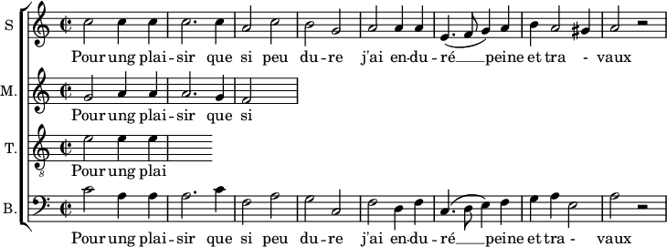 
\new ChoirStaff <<
\new Staff \with {
  midiInstrument = #"Flute"
  instrumentName = #"S "
  shortInstrumentName = #"S "
  } {
  \relative c'' {  
   \time 2/2 \key c \major 
        c2 c4 c
        c2. c4
        a2 c
        b2 g
        a2 a4 a
        e4. ( f8 g4 ) a
        b4 a2 gis4 a2 r2
  }  }
 \addlyrics { 
              Pour ung plai -- sir que si peu du -- re
              j'ai en -- du -- ré  __ peine et tra - vaux
            }
\new Staff \with {
  midiInstrument = "Flute"
  shortInstrumentName = #"M "
  instrumentName = #"M."
  } {
  \relative c'' {  
   \time 2/2 \key c \major 
    g2 a4 a
    a2. g4 
    f2
  }  }
 \addlyrics { 
              Pour ung plai -- sir que si peu du -- re
              j'ai en -- du -- ré  __ peine et tra - vaux
            }
\new Staff \with {
  midiInstrument = "trumpet"
  shortInstrumentName = #"T."
  instrumentName = #"T."
  } {
  \relative c' {  
   \clef "G_8"
  \time 2/2 \key c \major 
    e2  e4 e4
  }  }
 \addlyrics { 
              Pour ung plai -- sir que si peu du -- re
              j'ai en -- du -- ré  __ peine et tra - vaux
            }
\new Staff \with {
  midiInstrument = "cello"
  shortInstrumentName = #"B."
  instrumentName = #"B."
  } {

\relative c'
	{
      \clef "bass" 
        \time 2/2 \key c \major 
        c2  a4 a
        a2. c4
        f,2 a
        g2 c,2
        f2 d4 f
        c4. (d8 e4) f
        g4 a e2
        a2 r 
  }  }
 \addlyrics { 
              Pour ung plai -- sir que si peu du -- re
              j'ai en -- du -- ré  __ peine et tra - vaux
            }
>>
