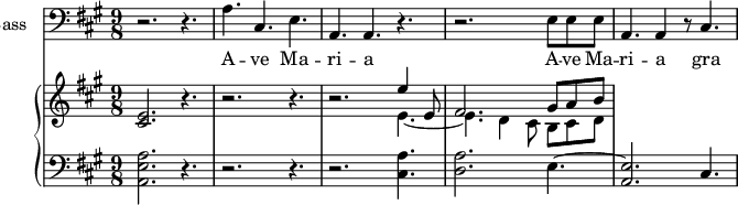 
<<
\new Staff \with {
  midiInstrument = "cello"
  shortInstrumentName = #"B "
  instrumentName = #"Bass "
  } {
  \clef bass \relative c' {  
   \time 9/8 \key a \major 
        r2. r4.
        a4. cis,4. e4. 
        a,4. a4. r4. 
        r2. e'8 e e
        a,4. a4 r8 cis4.
     } }
 \addlyrics { 
              A -- ve Ma -- ri -- a 
              A -- ve Ma -- ri -- a 
              gra -- ti -- a ple -- na
  }

 \new PianoStaff <<
     \new Staff  \with {
  midiInstrument = "church organ"
  }  \relative c' {
       \key a \major  \time 9/8
       <cis e>2. r4.
          r2. r4.
          r2. << { e'4 e,8 fis2. gis8 a b}  \\ { e,4.~ e4. d4 cis8 b cis d } >>
     }
     \new Staff \with {
  midiInstrument = "church organ"
  } \relative c {
        \clef bass
       \key a \major  \time 9/8 
          <a e' a>2. r4.
          r2. r4.
          r2. <cis a'>4.
          <d a'>2. e4.~ 
          <a, e'>2. cis4.
     }
 >>
>>
