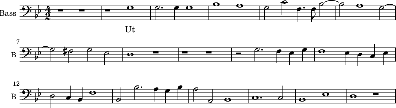 
\new Staff \with {
  midiInstrument = "voice oohs"
  shortInstrumentName = #"B "
  instrumentName = #"Bass "
  } {
  \clef bass \relative c' {  
   \time 4/2 \key g \minor 
        r1 r1
        r1 g
        g2. g4 g1
        bes1 a 
        g2 c f,4. f8  bes2~
        bes2 a1 g2~
        g2 fis2 g2 ees
        d1 r1
        r1 r1
        r2 g2. f4 ees g
        f1 ees4 d c ees
        d2 c4 bes f'1
        bes,2 bes'2. a4 g4 bes4
        a2 a,2 bes1
        c1. c2
        bes1 ees
        d1 r1
  }  }
 \addlyrics { 
              Ut
            }
