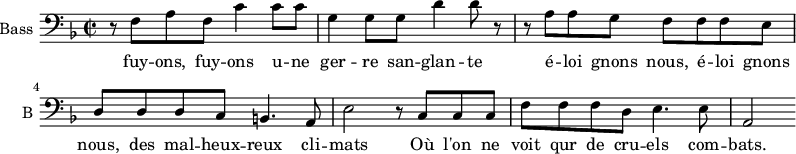
\new Staff \with {
  midiInstrument = "cello"
  shortInstrumentName = #"B "
  instrumentName = #"Bass "
  } {
  \clef bass \relative c {  
   \time 2/2 \key f \major 
        r8 f8 a8 f8 c'4 c8 c8
        
        g4 g8 g8 d'4 d8 r8
        r8 a8 a8 g8 f f  f e
        d8 d d c b4. a8

        e'2 r8 c c c
        f8 f f d e4. e8
        a,2

        
  }  }
 \addlyrics { 
              fuy -- ons, fuy -- ons u -- ne ger -- re san -- glan -- te
              é -- loi gnons nous,  é -- loi gnons nous, des mal -- heux -- reux cli -- mats
              Où l'on ne voit qur de cru -- els  com -- bats.
            }
