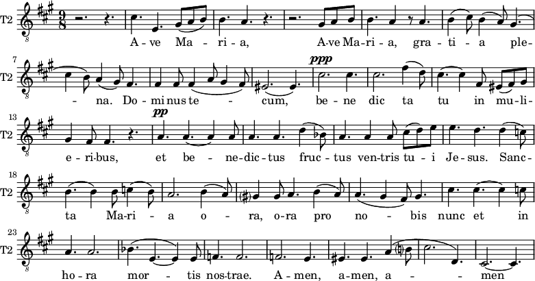 
\new Staff \with {
  midiInstrument = "violin"
  shortInstrumentName = #"T2 "
  instrumentName = #"T2 "
  } {
  \relative c' {  
   \clef "treble_8"
   \time 9/8 \key a \major 
        r2. r4.
        cis4. e,4. gis8 (a b)
        b4. a4. r4.
        r2. gis8 a b
        b4. a4 r8 a4.
        b4 (cis8) b4 (a8) gis4.
        ( cis4 b8) a4 (gis8) fis4.
        fis4 fis8 fis4 (a8 gis4 fis8)
        eis2. ( eis4. )
        cis'2. ^\ppp cis4.
        cis2.  fis4 (d8)
        cis4. (cis4) fis,8 eis (fis) gis
        gis4 fis8 fis4. r4.
        a4. ^\pp a4. (a4) a8
        a4. a4. d4 (bes8)

        a4. a4 a8 cis8 (d) e
        e4. d4. d4 (c8)
        b4. (b4) b8 c4 (b8)
        a2. b4 (a8)
        gis?4 gis8 a4. b4 (a8)
        a4. ( gis4 fis8) gis4.
        cis4. cis4. (cis4) c8
        a4. a2.
        bes4. (e,4.~ e4) e8
        f4. f2.
        f2. e4.
        eis4. eis4. a4 ( b?8 
        cis2.  d,4.)
       cis2.~ cis4.
  }  }
 \addlyrics { 
            A -- ve Ma -- ri -- a,
             A -- ve Ma -- ri -- a, gra -- ti -- a ple -- na.
             Do -- mi -- nus te -- cum,
             be -- ne dic ta tu in mu -- li -- e -- ri -- bus,
              et be -- ne -- dic -- tus fruc -- tus ven -- tris tu -- i Je -- sus.
              Sanc -- ta Ma -- ri -- a
              o -- ra, o -- ra pro no -- bis
              nunc et in ho -- ra mor -- tis nos -- trae.  A -- men, a -- men, a -- men
            }
