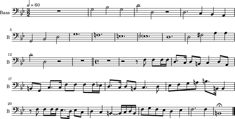 
\new Staff \with {
  midiInstrument = "cello"
  shortInstrumentName = #"B "
  instrumentName = #"Bass "
  } {
  \clef bass \relative c' {  
   \time 3/2 \key g \minor 
   \tempo 2=60
 R1.
   g2 bes g
    d' d, r
    d2. c4 bes a
    g2 bes d %5
    g1.
    f!
    e
    ees?
    d %10
    d2 fis a4 a
    d2 d, r \noBreak
    R1.\fermata \bar "||"
    \time 4/4 
      R1 \noBreak
    r2 r8 f f f16 f %15
    d8. c16 d8 b c4 d8[ a]
    b[ g] c8. c16 f8 f f f16 es!
    d8. c16 d8 b c4. d8
    es8[ f g a!] b8. b,16 b4
    r8 f' f f16 f es8. d16 es8 c %20
    d4 c b~ b16[ c d b]
    f'8[ g f es] d4 es
    f2. f4
    b,1\fermata \bar "|." %24 finis
  }  }
 \addlyrics { 

            }
