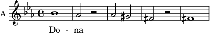 
\new Staff \with {
  midiInstrument = "violin"
  instrumentName = #"A "
  shortInstrumentName = #"A "
  } {
  \relative c'' {  
   \time 4/4 \key c \minor
        bes1
        aes2 r2
        aes2 gis
        fis2 r2
        fis1
 
  }  }
 \addlyrics { 
              Do -- na
 
            }
