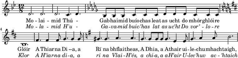 
<<
\new ChoirStaff <<
\new Staff \with {
  midiInstrument = "violin"} {
  \relative c' { 
   \time 12/8  \key g \minor 
        d2. d
        d c4. d4.
         \key bes \minor bes8 bes bes c c c des des des c c c
         \key d \major b1.
         fis'4. fis4 fis8 g4. g4 g8
        \key g \major  gis4. gis  a a
         g g8 g g g4. e4 e8
         g4. a4 a8 b2.
        
   }
}
\addlyrics { 
              Mo -- lai --
              mid  Thú -
              Gab -- hai -- mid buío -- chas leat as ucht do mhór -- ghlói -- re
              Glóir 
            A Thiar -- na Di --a, a 
            Rí na bhflai -- theas, 
            A Dhi -- a, a A -- thair ui --
            le -- chu -- mhach -- taigh,
            }
\addlyrics { \override LyricText.font-shape = #'italic
              Mo -- la --
              mid  H'u -
              Ga -- va -- mid buic -- ’has lat as uc’ht Do vor’ -- lo -- re 
              Klor
             A H’iar -- na di -- a, a 
             ri na Vlai -- H’és, 
             a chi -- a, a a -- H’air U  --
             lec -- ’huv ac -- ’htaich
            }
>>
>>
