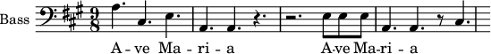 \new Staff \with {
midiInstrument = "voice oohs"
shortInstrumentName = #"B "
instrumentName = #"Bass "
} {
\clef bass \relative c' {
\time 9/8 \key a \major
a4. cis,4. e4.
a,4. a4. r4.
r2. e'8 e e
a,4. a4. r8 cis4.
} }
\addlyrics {
A -- ve Ma -- ri -- a
A -- ve Ma -- ri -- a
}