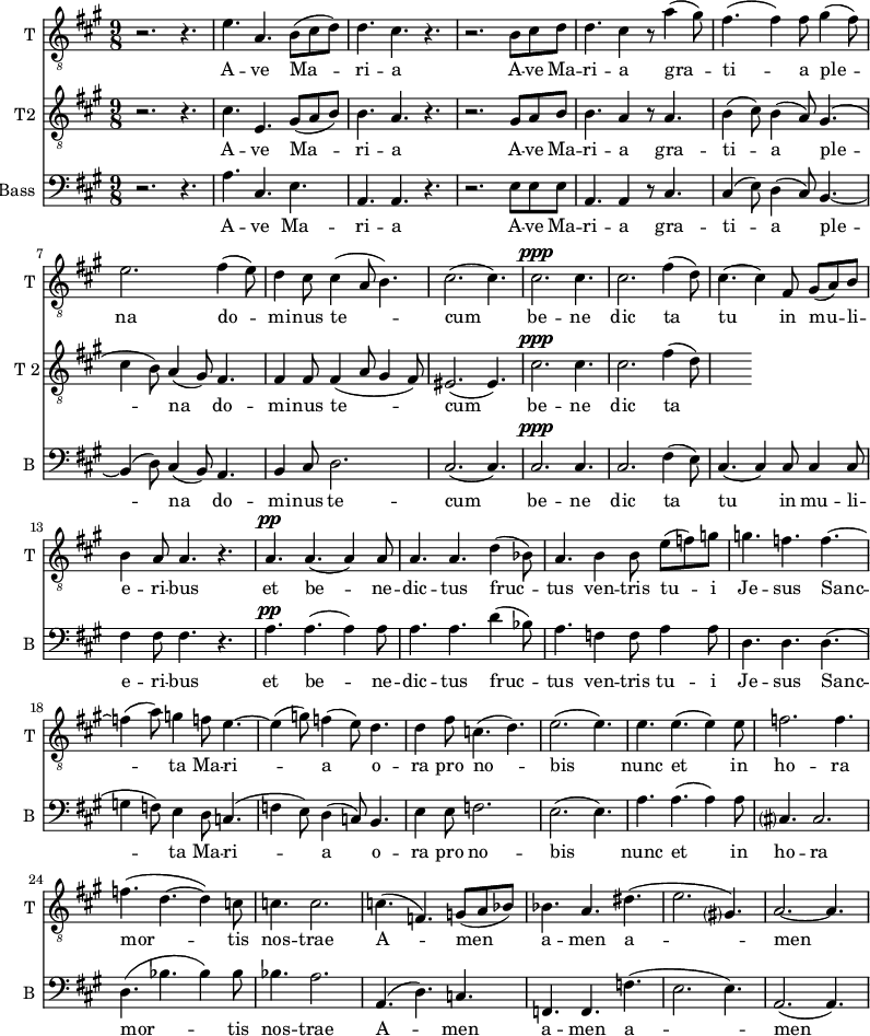 <<
\new Staff \with {
midiInstrument = "trumpet"
shortInstrumentName = #"T "
instrumentName = #"T "
} {
\relative c' {
\clef "treble_8"
\time 9/8 \key a \major
r2. r4.
e4. a,4. b8 (cis d)
d4. cis4. r4.
r2. b8 cis d
d4. cis4 r8 a'4 (gis8)
fis4. (fis4) fis8 gis4 (fis8)
e2. fis4 (e8)
d4 cis8 cis4 ( a8 b4.)
cis2. (cis4.)
cis2. ^\ppp cis4.
cis2. fis4 (d8)
cis4. (cis4) fis,8 gis8 (a8) b8
b4 a8 a4. r4.
a4. ^\pp a4. (a4) a8
a4. a4. d4 (bes8)
a4. b4 b8 e8 (f) g
g4. f4. f4.~
f4 (a8) g4 f8 e4.~e4 (g8) f4 (e8) d4.
d4 fis8 c4. (d4.)
e2. (e4.)
e4. e4. (e4) e8
f2. f4.
f4. (d4.~ d4) c8
c4. c2.
c4. (f,4.) g8 (a bes)
bes4. a4. dis4.
(e2. gis,?4.)
a2.~ a4.
} }
\addlyrics {
A -- ve Ma -- ri -- a
A -- ve Ma -- ri -- a
gra -- ti -- a ple -- na
do -- mi -- nus te -- cum
be -- ne dic ta tu in mu -- li -- e -- ri -- bus
et be -- ne -- dic -- tus fruc -- tus ven -- tris tu -- i Je -- sus
Sanc -- ta Ma -- ri -- a
o -- ra pro no -- bis
nunc et in ho -- ra mor -- tis nos -- trae A -- men a -- men a -- men
}
\new Staff \with {
midiInstrument = "trumpet"
shortInstrumentName = #"T 2"
instrumentName = #"T2 "
} {
\relative c' {
\clef "treble_8"
\time 9/8 \key a \major
r2. r4.
cis4. e,4. gis8 (a b)
b4. a4. r4.
r2. gis8 a b
b4. a4 r8 a4.
b4 (cis8) b4 (a8) gis4.
( cis4 b8) a4 (gis8) fis4.
fis4 fis8 fis4 (a8 gis4 fis8)
eis2. ( eis4. )
cis'2. ^\ppp cis4.
cis2. fis4 (d8)
} }
\addlyrics {
A -- ve Ma -- ri -- a
A -- ve Ma -- ri -- a
gra -- ti -- a ple -- na
do -- mi -- nus te -- cum
be -- ne dic ta tu in mu -- li -- e -- ri -- bus
et be -- ne -- dic -- tus fruc -- tus ven -- tris tu -- i Je -- sus
Sanc -- ta Ma -- ri -- a
o -- ra pro no -- bis
nunc et in ho -- ra mor -- tis nos -- trae A -- men a -- men a -- men
}
\new Staff \with {
midiInstrument = "voice oohs"
shortInstrumentName = #"B "
instrumentName = #"Bass "
} {
\clef bass \relative c' {
\time 9/8 \key a \major
r2. r4.
a4. cis,4. e4.
a,4. a4. r4.
r2. e'8 e e
a,4. a4 r8 cis4.
cis4 (e8) d4 (cis8) b4.~
b4 (d8) cis4 (b8) a4.
b4 cis8 d2.
cis2. (cis4.)
cis2. ^\ppp cis4.
cis2. fis4 (e8)
cis4. (cis4) cis8 cis4 cis8
fis4 fis8 fis 4. r4.
a4. ^\pp a4. (a4) a8
a4. a4. d4 (bes8)
a4. f4 f8 a4 a8
d,4. d4. d4.
(g4 f8) e4 d8 c4.
(f4 e8) d4 (c8) b4.
e4 e8 f2.
e2. (e4.)
a4. a4. (a4) a8
cis,?4. cis2.
d4. ( bes'4. bes4) bes8
bes4. a2.
a,4. ( d4.) c4.
f,4. f4. f'4.
(e2. e4.)
a,2. (a4.)
} }
\addlyrics {
A -- ve Ma -- ri -- a
A -- ve Ma -- ri -- a
gra -- ti -- a ple -- na
do -- mi -- nus te -- cum
be -- ne dic ta tu in mu -- li -- e -- ri -- bus
et be -- ne -- dic -- tus fruc -- tus ven -- tris tu -- i Je -- sus
Sanc -- ta Ma -- ri -- a
o -- ra pro no -- bis
nunc et in ho -- ra mor -- tis nos -- trae A -- men a -- men a -- men
}
>>