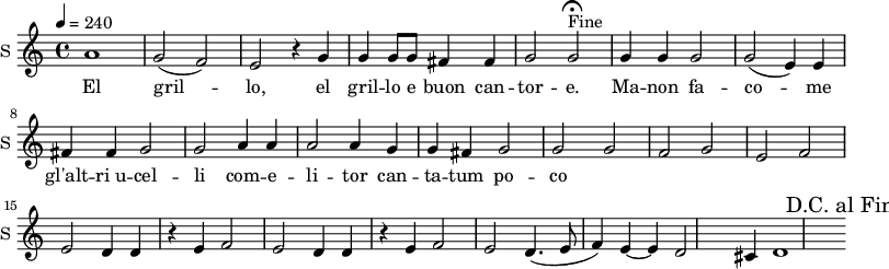 \new Staff \with {
midiInstrument = #"Flute"
instrumentName = #"S "
shortInstrumentName = #"S "
} {
\relative c'' {
\tempo 4 = 240
a1 |
g2 ( f) | e r4 g4 |
g g8 g fis4 fis |
g2 g\fermata^"Fine" |
% \context Voice =sopOne {
g4 g g2 |
g ( e4) e fis fis |
g2 g a4 a |
a2 a4 g g fis |
g2 g |
% }
g2 f |
g e |
f e |
d4 d r4 e4 |
f2 e |
d4 d r e
f2 e |
d4.( e8 f4) e ~ |
e d2 cis4 |
d1
% \override Score.RehearsalMark #'break-visibility = #begin-of-line-invisible
% \override Score.RehearsalMark #'self-alignment-X = #RIGHT
\mark "D.C. al Fine"
} }
\addlyrics {
El gril -- lo,
el gril -- lo e buon can -- tor -- e.
Ma -- non fa -- co -- me gl'alt -- "ri u" -- cel -- li
com -- e -- li -- tor can -- ta -- tum po -- co
}