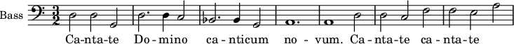 
\new Staff \with {
  midiInstrument = "voice oohs"
  shortInstrumentName = #"B "
  instrumentName = #"Bass "
  } {
  \clef bass \relative c {  
   \time 3/2 \key c \major 
        d2 d g,
        d'2. d4 c2
        bes2. bes4 g2
        a1.
        a1 d2
        d2 c f
        f2 e a
  }  }
 \addlyrics { 
              Ca -- nta -- te  Do -- mi -- no ca -- nti -- cum no -- vum.
              Ca -- nta -- te  ca -- nta -- te 
            }
