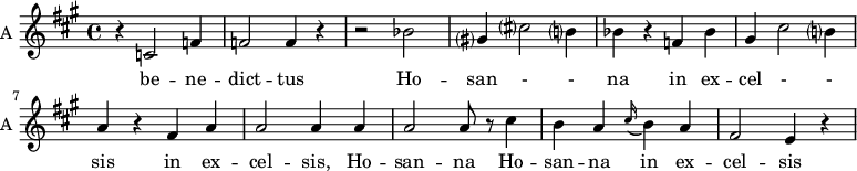 
\new Staff \with {
  midiInstrument = "violin"
  instrumentName = #"A "
  shortInstrumentName = #"A "
  } {
  \relative c' {  
   \time 4/4 \key a \major 
        r4 c2 f4
        f2 f4 r4
        r2 bes2
        gis?4 cis?2 b?4
        bes4 r4 f4 bes4
        gis4 cis2 b?4
        a4 r4 fis a
        a2 a4 a
        a2 a8 r8 cis4
        b4 a4  \appoggiatura cis16  b4 a4
        fis2 e4 r4
  }  }
 \addlyrics { 
              be -- ne -- dict -- tus
              Ho -- san - - na in ex -- cel - - sis
              in ex -- cel -- sis, Ho -- san -- na 
              Ho -- san -- na in ex -- cel -- sis
            }
