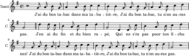 
\new ChoirStaff
\new Staff \with {
  midiInstrument = #"Flute"
  instrumentName = #"Chant"
  shortInstrumentName = #"C "
  } {
  \relative c'' {  
   \time 4/4 \key g \major 
    \autoBeamOff
        r2
        g8 a8 b8 g8
        a4 a8 b8 c4 c4 
        b4 b4 g8 a8 b8 g8
        a4 a8 b8 c4 d4 \break
        g,2 \bar "||" d'4 d8 c8
        b4 a8 b8 c4 d4
        g,2 d4 d8 c'8
        b4 a8 b8 c4 d4 \break
        g,2 g8 a8 b8 a8
        a4 a8 b8 c4 c4
        b4 b4 g8 a8 b8 g8
        a4 a8 b8 c4 d4 
        g,2 r2             
  }  } 
\addlyrics { 
              J'ai du bon ta -- bac dans ma ta -- ba -- tiè -- re,
              J'ai du bon ta -- bac, tu n'en au -- ras pas.
              J'en ai du fin et du bien ra -- pé, 
              Qui ne s'ra pas pour ton fi -- chu nez! 
              J'ai du bon ta -- bac dans ma ta -- ba -- tiè -- re,
              J'ai du bon ta -- bac, tu n'en au -- ras pas.
            }
