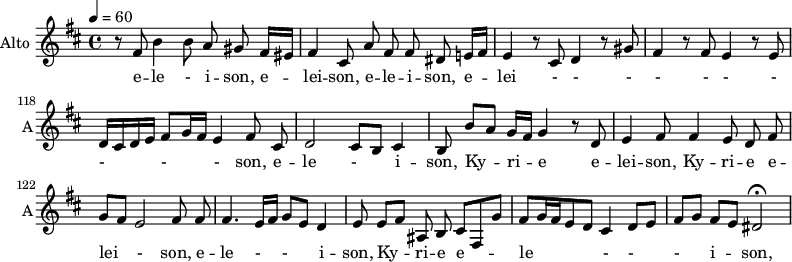 
\new Staff \with {
  midiInstrument = #"violin"
  instrumentName = #"Alto "
  shortInstrumentName = #"A"
  } {
   \relative c' {  
   \time 4/4 \key b \minor 
  \set Score.currentBarNumber = #114
    \tempo 4=60
      r8 \autoBeamOff fis b4 b8 a gis fis16 [eis]
      fis4 cis8 a' fis fis dis e!16 [fis]
      e4 r8 cis8 d4 r8 gis8
      fis4 r8 fis e4 r8 e
      d16 [cis d e] fis8 [g16 fis] e4 fis8 cis8
      d2 cis8 [b] cis4
      b8 b' [a] g16 [fis] g4 r8 d 
      e4 fis8 fis4 e8 d fis
      g8 [fis] e2 fis8 fis
      fis4. e16 [fis] g8 [e] d4
       e8 e [fis] ais, b cis [fis, g']
     fis8 [ g16 fis e8 d] cis4 d8 [e] 
     fis8 [g] fis [e] dis2\fermata
  }  }
 \addlyrics { 
             e -- le - i -- son, 
             e -- lei -- son,
             e -- le -- i -- son,  
             e -- lei - - - -  - - - - -  - son,  
             e -- le -  i -- son, 
             Ky -- ri -- e e -- lei -- son,
            Ky -- ri -- e e -- lei - son, 
             e -- le - - i -- son, 
             Ky -- ri -- e e -- le - - - i -- son,             
            }

