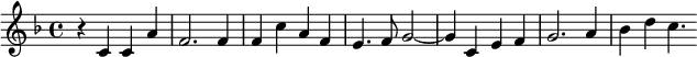 
\new Staff \with {              % ceci est un commentaire : new Staff = nouvelle portée 
  midiInstrument = #"Flute" }   % l'instrument de synthèse peut être modifié
{ \relative c' {                % on démarre sur le do (c) du milieu du clavier 
   \time 4/4 \key f \major      % f \major = fa majeur = un bémol à la clé

% La musique commence ici ; pour une meilleure lisibilité on saute une ligne à chaque mesure                            

        r4 c4 c4 a'4            % a'4 est une noire (4) pour un la (a) au dessus        
        f2.   f4                % f2.  indique un fa sur une blanche pointée
        f4 c'4 a4 f4            % après un fa, c4 est implicitement le do à la 
                                %    quarte inférieure le plus près)
                                % en revanche c'4 est le do à la quinte supérieure
                                % Ensuite le la (a) et le fa (f) sont les notes 
                                %     les plus proches de la précédente
        e4. f8  g2~             % Le tilde après g (sol) indique une note liée 
                                %    avec celle de la mesure suivante
        g4 c,4 e4 f4            % c,4 indique le do à la quinte inférieure
        g2. a4
        bes4 d   c4.                  % bes4 est un si (b) bémol (es)

  } 
}
