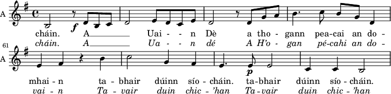 
<<
\new ChoirStaff <<
\new Staff \with {
  midiInstrument = "violin"
  shortInstrumentName = #"A "
  instrumentName = #"A "
  } {
  \relative c' { 
   \set Score.currentBarNumber = #57
   \time 4/4     
  \key g \major

    b2  r8\f d b c 
     d2 e8 d c e
     d2   r8 d g a
     b4. c8 b g d4
     e fis r b
     c2   g4 fis
     e4.  e8\p e2
     c4 c b2
    } }
  \addlyrics { 
              cháin.
             A __ _ _ _
              Uai - - n  Dè a tho - gann pea -- cai an do -- mhai -- n
              ta -- bhair dúinn sío -- cháin.
              ta -- bhair dúinn sío -- cháin.
              
            }
\addlyrics {  \override LyricText.font-shape = #'italic
              cháin.
              A __ _ _ _

              Ua - - n dé A H’o - gan pé -- cahi an do -- vai -- n 
              Ta -- vair duin chic -- ’han 
              Ta -- vair duin chic -- ’han 
            }
 >>
>>

