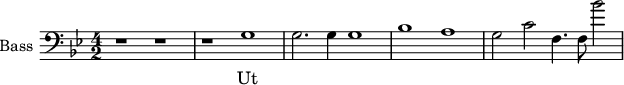 
\new Staff \with {
  midiInstrument = "voice oohs"
  shortInstrumentName = #"B "
  instrumentName = #"Bass "
  } {
  \clef bass \relative c' {  
   \time 4/2 \key g \minor 
        r1 r1
        r1 g
        g2. g4 g1
        bes1 a 
        g2 c f,4. f8  bes'2~
  }  }
 \addlyrics { 
              Ut
            }
