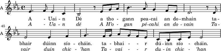 
<<
\new ChoirStaff <<
\new Staff \with {
  midiInstrument = "violin"
  shortInstrumentName = #"A "
  instrumentName = #"A "
  } {
  \relative c' { 
   \set Score.currentBarNumber = #41
   \time 4/4     
   \key c \minor
       ees4. f8 ees4 c
      bes2 r8 ees g aes
      bes4. aes8 g4 f8 ees
      d2.  r8 d
      ees2 ees4 f
      g4. f16 g aes8 g f ees
     c bes c ees ees2 
  }  }
  \addlyrics { 
              A - Uai -- n  Dè a tho - gann pea -- cai an do -- mhain
              ta -- bhair dúinn sío -- cháin.
              ta - bhai - - r dú -- inn sío - cháin.
              
            }
\addlyrics {  \override LyricText.font-shape = #'italic
              A - Ua -- n dé A H’o - gan pé -- cahi an do -- vain 
              Ta -- vair duin chic -- ’han 
              Ta - vai - - r du -- in chic - ’han 
            }
 >>
>>
