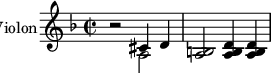 
\new Staff \with {

  instrumentName = #"Violon"
  shortInstrumentName = #"C "
  } {
  \relative c' {  
   \time 2/2 \key f \major
    r2
    << {cis4 d} \\ {a2} >>
    <a b>2
    <a b d>4 <a b d>
}  }
