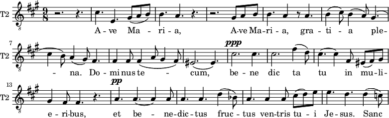 \new Staff \with {
midiInstrument = "trumpet"
shortInstrumentName = #"T2 "
instrumentName = #"T2 "
} {
\relative c' {
\clef "treble_8"
\time 9/8 \key a \major
r2. r4.
cis4. e,4. gis8 (a b)
b4. a4. r4.
r2. gis8 a b
b4. a4 r8 a4.
b4 (cis8) b4 (a8) gis4.
( cis4 b8) a4 (gis8) fis4.
fis4 fis8 fis4 (a8 gis4 fis8)
eis2. ( eis4. )
cis'2. ^\ppp cis4.
cis2. fis4 (d8)
cis4. (cis4) fis,8 eis (fis) gis
gis4 fis8 fis4. r4.
a4. ^\pp a4. (a4) a8
a4. a4. d4 (bes8)
a4. a4 a8 cis8 (d) e
e4. d4. d4 (c8)
} }
\addlyrics {
A -- ve Ma -- ri -- a,
A -- ve Ma -- ri -- a, gra -- ti -- a ple -- na.
Do -- mi -- nus te -- cum,
be -- ne dic ta tu in mu -- li -- e -- ri -- bus,
et be -- ne -- dic -- tus fruc -- tus ven -- tris tu -- i Je -- sus.
Sanc -- ta Ma -- ri -- a
o -- ra pro no -- bis
nunc et in ho -- ra mor -- tis nos -- trae. A -- men, a -- men, a -- men
}