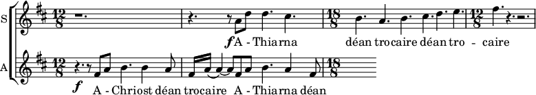 
<<
\new ChoirStaff <<
\new Staff \with {
  midiInstrument = #"Flute"
  instrumentName = #"S"  shortInstrumentName = #"S"
 } 
  {                                    % soprano A
  \relative c'' { 
   \set Staff.midiMaximumVolume = #0.9
   \time 12/8 \key d \major 
   \set Score.currentBarNumber = #32
   r1. 
    r4. r8\f a d d4. cis
   \time 18/8 b4. a b cis d e
   \time 12/8 fis4. r4. r2.
  }
}
 \addlyrics { A  - Thia -- rna déan tro -- caire 
              dé -- an tro -- caire 
}

\new Staff \with {
  instrumentName = #"A"  
  shortInstrumentName = #"A"
  midiInstrument = "violin"
 } 
  {                                    % alto 
  \relative c' { 
   \set Staff.midiMaximumVolume = #0.4
   \time 12/8 \key d \major 
     r4.\f r8  fis a b4.  b4 a8
    fis16 a\( a4~\) a8 fis a b4.  a4  fis8
  }
}
\addlyrics {    
A  - Chri -- ost déan 
tro -- cai -- re A  - Thia -- rna déan    
            
              
            }

>>
>>
