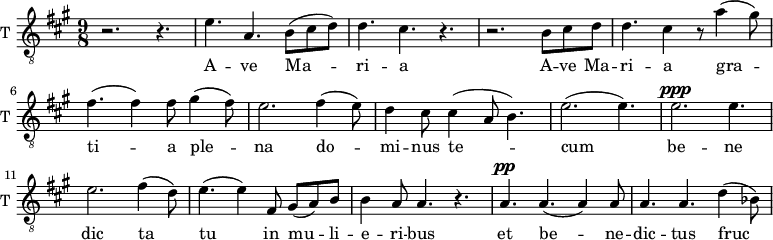 
\new Staff \with {
  midiInstrument = "trumpet"
  shortInstrumentName = #"T "
  instrumentName = #"T "
  } {
  \relative c' {  
   \clef "treble_8"
   \time 9/8 \key a \major 
        r2. r4.
        e4. a,4. b8 (cis d)
        d4. cis4. r4.
        r2. b8 cis d
        d4. cis4 r8 a'4 (gis8)
        fis4. (fis4) fis8 gis4 (fis8)
        e2.   fis4 (e8)
        d4 cis8 cis4 ( a8 b4.)
        e2. (e4.)
        e2. ^\ppp e4.
        e2.  fis4 (d8)
        e4. (e4) fis,8 gis8 (a8) b8
        b4 a8 a4. r4.
        a4. ^\pp a4. (a4) a8
        a4. a4. d4 (bes8)
  }  }
 \addlyrics { 
             A -- ve Ma -- ri -- a 
             A -- ve Ma -- ri -- a 
            gra -- ti -- a ple -- na
              do -- mi -- nus te -- cum
               be -- ne dic ta tu in mu -- li -- e -- ri -- bus
              et be -- ne -- dic -- tus fruc -- tus ven -- tris tu -- i Je -- sus
              Sanc -- ta Ma -- ri -- a
              o -- ra pro no -- bis
              ninc et in ho -- ra mor -- tis nos -- trae  A -- men a -- men a -- men
            }
