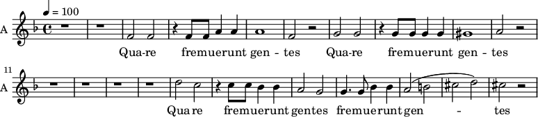 <<
\new Staff \with {
midiInstrument = "clarinet"
instrumentName = #"A "
shortInstrumentName = #"A "
} {
\relative c' {
\time 4/4 \key f \major
\tempo 4 = 100
\set Staff.midiMinimumVolume = #0.5
\set Staff.midiMaximumVolume = #0.9
r1 r
f2 f2
r4 f8 f a4 a
a1
f2 r
g2 g
r4 g8 g g4 g
gis1
a2 r2
r1 r r r
d2 c
r4 c8 c bes4 bes
a2 g2
g4. g8 bes4 bes
a2 ( b cis d )
cis2 r
} }
\addlyrics {
Qua -- re fre -- mu -- e -- runt gen -- tes
Qua -- re fre -- mu -- e -- runt gen -- tes
Qua -- re fre -- mu -- e -- runt gen -- tes
fre -- mu -- e -- runt gen -- tes
Qua -- re fre -- mu -- e -- runt gen - - - tes
et po -- pu --li me -- di ta -- ti sunt in -- a -- ni -- a
Qua -- re fre -- mu -- e -- runt gen -- tes
et po -- pu --li me -- di ta -- ti sunt in -- a -- ni -- a
Qua -- re Qua -- re
}
>>