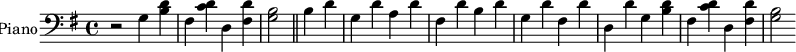 
\new Staff \with {
  midiInstrument = #"Piano"
  instrumentName = #"Piano"
  shortInstrumentName = #"C "
  } {
  \clef bass\relative c' {  
   \time 4/4 \key g \major
    r2
    g4 <b d>
    fis <c' d>
    d, <fis d'>
    <g b>2 \bar "||"
    b4 d
    g, d'
    a d
    fis, d'
    b d
    g, d'
    fis, d'
    d, d'
    g,4 <b d>
    fis <c' d>
    d, <fis d'>
    <g b>2
}  }
