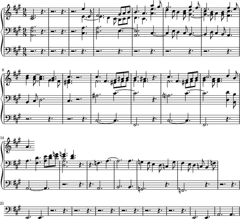 
<<
  \new PianoStaff <<
     \new Staff ="up" \with {
  midiInstrument = "church organ"
  }  \relative c' {
       \key a \major  \time 9/8
       <cis e>2. r4.
          r2. r4.
          r2. << { e'4 e,8 fis2. gis8 a b b4. a4. a'4 gis8}  
              \\ { e,4.~ e4. d4 cis8 b cis d d4. cis4. <a' e'>4.} >>
          << { fis'2. gis4 fis8
               e2. fis4 e8
             }
          \\
             { d4 cis8 b4 <a cis>8 <gis d'>4.~
               <gis cis>4~ <gis b>8 a4 <gis b>8 <fis cis'>4.
             } >>
           <b d>4 <a cis>8~ <a cis>4. 
        << { <gis b> 4. cis4.} \\ { gis4 fis8 <eis gis>4. } >> r2.
        << { cis'4. fis,4. gis8 ais b      b4. ais4. } \\ { fis2. eis8 fis gis      gis4.   fis4.  } >> r4.
        << { cis'4. fis,4. gis8 a b      cis2. d4 b8 } \\ { fis2. eis8 fis gis      <gis b>4  <fis a>8 <fis a>4.  } >>
        a4.
     }

     \new Staff = "down" \with {
  midiInstrument = "church organ"
  } \relative c {
        \clef bass
       \key a \major  \time 9/8 
          <a e' a>2. r4.
          r2. r4.
          r2. <cis a'>4.
          <d a'>2. e4.~ 
          <a, e'>2. cis4.~
          cis4 e8 d4 cis8 b4.~ 
          b4 d8 cis4 b8 a4.
          b4 cis8 d2.
          cis4. r2.
          ais'2. cis4.~ 
          cis2.  r4.
          a?2. cis4.~
          cis2. <d, d'>4 <b b'>8 
          a'4. < fis d'>4. <a e'>8  <d fis> <e g>  
         << { <e g>4. <d fis>4. } \\ { <d, a'>2.} >> r4.
         r4. f4.  a4.~
         a2. a4.
         g4 fis8 e4 d8 c4 g'8
         fis4 e8 d4 c8 b4 f'8
     }
     \new Staff \with {
  midiInstrument = "church organ"
  } \relative c {
        \clef bass
       \key a \major  \time 9/8 
      r2. r4.
      r2. r4.
     r2. r4.
      r2. r4.
      r2. r4.
      r2. r4.
     r2. r4.
      r2. r4.
      r2. r4.
      cis2.~ cis4. 
     fis,2. r4.
     cis'2.~ cis4. 
     fis,2. r4.
     a2.~ a4.
      r2. r4.
     r4. a2.
     b2. b4.
     g2. r4.
     f2. r4.
     r2. r4.
      e2. e4.
     r2. r4.
      r2. r4.
      r2. r4.
     r2. r4.
      r2. r4.
      r2. r4.
      e2. e4.  
      a2. a4.  
 }
 >>
>>
