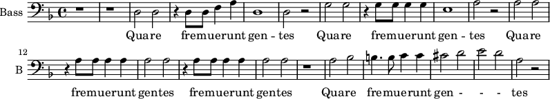 
\new Staff \with {
  midiInstrument = "violin"
  shortInstrumentName = #"B "
  instrumentName = #"Bass "
  } {
  \clef bass \relative c {  
   \time 4/4 \key f \major 
        r1 r
        d2 d2
        r4 d8 d f4 a
        d,1 
        d2 r
        g2 g 
        r4   g8 g g4 g 
        e1
        a2 r
        a2 a
        r4 a8 a a4 a
        a2 a
        r4 a8 a a4 a
        a2 a
        r1
        a2 bes
        b4. b8 c4 c
        cis2 d 
        e2 d
        a2 r
        
  }  }
 \addlyrics { 
             Qua -- re fre --  mu -- e -- runt gen -- tes
             Qua -- re fre --  mu -- e -- runt gen -- tes
             Qua -- re fre --  mu -- e -- runt gen -- tes
             fre --  mu -- e -- runt gen -- tes
             Qua -- re fre --  mu -- e -- runt gen - - - tes
            }
