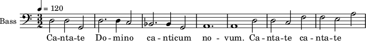 
\new Staff \with {
  midiInstrument = "voice oohs"
  shortInstrumentName = #"B "
  instrumentName = #"Bass "
  } {
  \clef bass \relative c {  
   \tempo 4 = 120
   \time 3/2 \key c \major 
        d2 d g,
        d'2. d4 c2
        bes2. bes4 g2
        a1.
        a1 d2
        d2 c f
        f2 e a
  }  }
 \addlyrics { 
              Ca -- nta -- te  Do -- mi -- no ca -- nti -- cum no -- vum.
              Ca -- nta -- te  ca -- nta -- te 
            }
