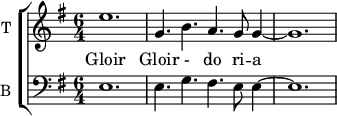 
<<
\new ChoirStaff <<
\new Staff \with {
  midiInstrument = "trumpet"
  shortInstrumentName = #"T "
  instrumentName = #"T "
} {
  \relative c''
  {  \time 6/4 \key g \major 
         e1.
         g,4. b a g8 g4~
         g1.
  }
}
\addlyrics {
              Gloir
              Gloir - do ri -- a -
              Gloir
}
\new Staff \with {
  midiInstrument = "violin"
  shortInstrumentName = #"B "
  instrumentName = #"B "
  } {
  \clef bass \relative c {  
   \time 6/4 \key g \major
           e1.
          e4. g fis e8 e4~ 
          e1.
}}
>>
>>
