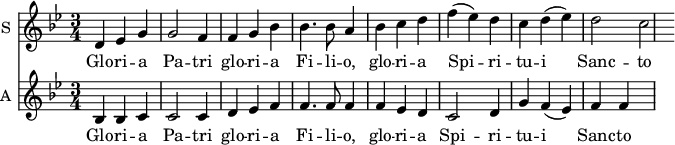 
<<
\new Staff \with {
  midiInstrument = "flute"
  instrumentName = #"S "
  shortInstrumentName = #"S "
  } {
  \relative c' {  
   \time 3/4  \key bes \major 
    d4 ees g
    g2 f4
    f4 g bes
    bes4. bes8 a4
    bes4 c d
    f4 (ees) d
    c4 d (ees)
    d2 c
}}
 \addlyrics { 

             Glo -- ri -- a  Pa -- tri 
               glo -- ri -- a  Fi -- li -- o,
               glo -- ri -- a Spi -- ri -- tu -- i  Sanc -- to
}
\new Staff \with {
  midiInstrument = "clarinet"
  instrumentName = #"A "
  shortInstrumentName = #"A "
  } {
  \relative c' {  
   \time 3/4  \key bes \major 
    bes4 bes c
    c2 c4
    d4 ees f
    f4. f8 f4
    f4 ees d
    c2 d4
    g4 f (ees)
    f4 f
}}
 \addlyrics { 

             Glo -- ri -- a  Pa -- tri 
               glo -- ri -- a  Fi -- li -- o,
               glo -- ri -- a Spi -- ri -- tu -- i  Sanc -- to
}
>>
