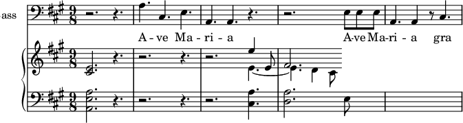 
<<
\new Staff \with {
  midiInstrument = "cello"
  shortInstrumentName = #"B "
  instrumentName = #"Bass "
  } {
  \clef bass \relative c' {  
   \time 9/8 \key a \major 
        r2. r4.
        a4. cis,4. e4. 
        a,4. a4. r4. 
        r2. e'8 e e
        a,4. a4 r8 cis4.
     } }
 \addlyrics { 
              A -- ve Ma -- ri -- a 
              A -- ve Ma -- ri -- a 
              gra -- ti -- a ple -- na
  }

 \new PianoStaff <<
     \new Staff  \with {
  midiInstrument = "church organ"
  }  \relative c' {
       \key a \major  \time 9/8
       <cis e>2. r4.
          r2. r4.
          r2. << { e'4 e,8 fis2. }  \\ { e4.~ e4. d4 cis8 } >>
     }
     \new Staff \with {
  midiInstrument = "church organ"
  } \relative c {
        \clef bass
       \key a \major  \time 9/8 
          <a e' a>2. r4.
          r2. r4.
          r2. <cis a'>4.
          <d a'>2. e8
 
     }
 >>
>>
