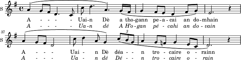 
<<
\new ChoirStaff <<
\new Staff \with {
  midiInstrument = #"Flute"
  instrumentName = #"S "
  shortInstrumentName = #"S "
 }  {
  \relative c'' { 
   \time 4/4 \key g \major 
   \set Score.currentBarNumber = #33
       a4\( g8  fis d4. c8
       c'8 d4. a4.\) g16\( fis
       g4 fis8 e  d4 fis8 g\)
       e2. r4
       a4\( g8 fis d2
       c'8 d4 a8  g4\) \tuplet 3/2 { c8\( b g }
       a4 g8 f g4 e8 c d2.\) r4
  }  }
 \addlyrics { 
              A - - -  - Uai -- n  Dè a tho -- gann pe -- a -- cai an do -- mhain
              A - - -  Uai - n  Dè
              déa - - n tro  -  caire o  -  rainn
              
            }
\addlyrics {  \override LyricText.font-shape = #'italic
              A - - -  - Ua -- n dé A H’o -- gan pé - cahi an do -- vain 
              A - - -  Ua - n  dé
            Dé - - n tro - caire o - rain
            }
 >>


>>
