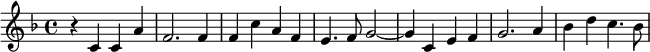 \new Staff \with { % ceci est un commentaire : new Staff = nouvelle portée
midiInstrument = #"Flute" } % l'instrument de synthèse peut être modifié
{ \relative c' { % on démarre sur le do (c) du milieu du clavier
\time 4/4 \key f \major % f \major = fa majeur = un bémol à la clé
% La musique commence ici ; pour une meilleure lisibilité on saute une ligne à chaque mesure
r4 c4 c4 a'4 % a'4 est une noire (4) pour un la (a) au dessus
f2. f4 % f2. indique un fa sur une blanche pointée
f4 c'4 a4 f4 % après un fa, c4 est implicitement le do à la
% quarte inférieure le plus près)
% en revanche c'4 est le do à la quinte supérieure
% Ensuite le la (a) et le fa (f) sont les notes
% les plus proches de la précédente
e4. f8 g2~ % Le tilde après g (sol) indique une note liée
% avec celle de la mesure suivante
g4 c,4 e4 f4 % c,4 indique le do à la quinte inférieure
g2. a4
bes4 d c4. bes8 % bes4 est un si (b) bémol (es)
}
}