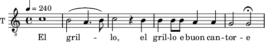 
\new Staff \with {
  midiInstrument = #"violin"
  instrumentName = #"T "
  shortInstrumentName = #"T "
  } {
  \relative c' {  
 \tempo 4 = 240
  \clef "G_8"
    \breathe |
    c1 b2( a4.  b8) |
    c2 r4  b4 |
    b b8 b a4 a |
    g2 g\fermata |
  }  }
 \addlyrics { 
     El gril -- lo,
    el gril -- lo e buon can -- tor -- e
            }
