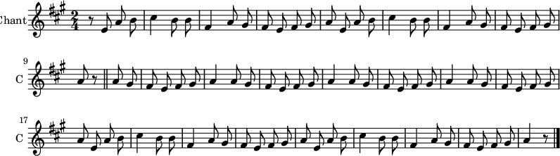
\new ChoirStaff
\new Staff \with {
  midiInstrument = #"Flute"
  instrumentName = #"Chant"
  shortInstrumentName = #"C "
  } {
  \relative c' {  
   \time 2/4 \key a \major 
    \autoBeamOff
        r8 e a b
        cis4 b8 b8
        fis4 a8 gis
        fis8 e fis gis 
        a8 e a b
        cis4 b8 b8
        fis4 a8 gis
        fis8 e fis8 gis
        a8 r8 \bar "||"
        a8 gis 
        fis e fis gis
        a4 a8 gis
        fis8 e fis gis
        a4 a8 gis
        fis e fis gis
        a4 a8 gis
        fis e fis gis
        a8 e a8 b
        cis4 b8 b8
        fis4 a8 gis
        fis e fis gis
        a e a b
        cis4 b8 b8
        fis4 a8 gis
        fis e fis gis 
        a4 r8 \bar "|."
  }  } 
