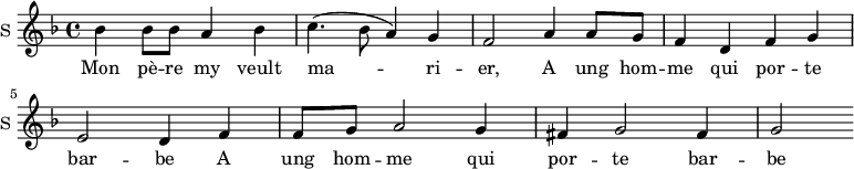 \new Staff \with {
midiInstrument = #"Flute"
instrumentName = #"S "
shortInstrumentName = #"S "
} {
\relative c'' {
\time 4/4 \key f \major
bes4 bes8 bes8 a4 bes4
c4. (bes8 a4) g4
f2 a4 a8 g8
f4 d4 f g
e2 d4 f4
f8 g8 a2 g4
fis4 g2 fis4
g2
} }
\addlyrics {
Mon pè -- re my veult
ma -- ri -- er,
A ung hom -- me qui por -- te bar -- be
A ung hom -- me qui por -- te bar -- be
}