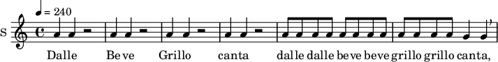 
\new Staff \with {
  midiInstrument = #"Flute"
  instrumentName = #"S "
  shortInstrumentName = #"S "
  } {
  \relative c'' {  
 \tempo 4 = 240

    \repeat unfold 4 { a4 a r2 | }

    \repeat unfold 12 { a8 }
    g4 g \breathe |
   


  }  }
 \addlyrics { 

    Dal -- le Be -- ve
    Gril -- lo can -- ta
    dal -- le dal -- le be -- ve be -- ve gril -- lo gril -- lo
    can -- ta,
    
            }
