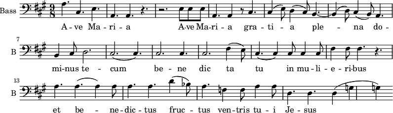 \new Staff \with {
midiInstrument = "voice oohs"
shortInstrumentName = #"B "
instrumentName = #"Bass "
} {
\clef bass \relative c' {
\time 9/8 \key a \major
a4. cis,4. e4.
a,4. a4. r4.
r2. e'8 e e
a,4. a4 r8 cis4.
cis4 (e8) d4 (cis8) b4.~
b4 (d8) cis4 (b8) a4.
b4 cis8 d2.
cis2. (cis4.)
cis2. cis4.
cis2. fis4 (e8)
cis4. (cis4) cis8 cis4 cis8
fis4 fis8 fis 4. r4.
a4. a4. (a4) a8
a4. a4. d4 (bes8)
a4. f4 f8 a4 a8
d,4. d4. d4
(g4 g4)
} }
\addlyrics {
A -- ve Ma -- ri -- a
A -- ve Ma -- ri -- a
gra -- ti -- a ple -- na
do -- mi -- nus te -- cum
be -- ne dic ta tu in mu -- li -- e -- ri -- bus
et be -- ne -- dic -- tus fruc -- tus ven -- tris tu -- i Je -- sus
}