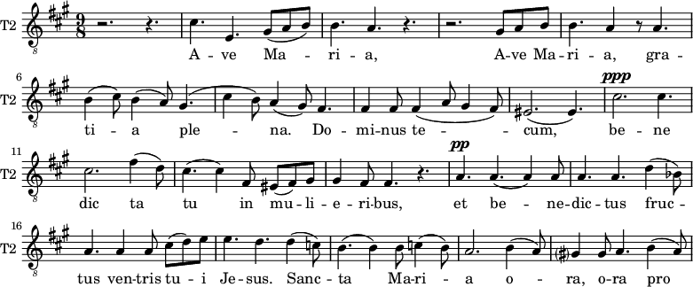 \new Staff \with {
midiInstrument = "violin"
shortInstrumentName = #"T2 "
instrumentName = #"T2 "
} {
\relative c' {
\clef "treble_8"
\time 9/8 \key a \major
r2. r4.
cis4. e,4. gis8 (a b)
b4. a4. r4.
r2. gis8 a b
b4. a4 r8 a4.
b4 (cis8) b4 (a8) gis4.
( cis4 b8) a4 (gis8) fis4.
fis4 fis8 fis4 (a8 gis4 fis8)
eis2. ( eis4. )
cis'2. ^\ppp cis4.
cis2. fis4 (d8)
cis4. (cis4) fis,8 eis (fis) gis
gis4 fis8 fis4. r4.
a4. ^\pp a4. (a4) a8
a4. a4. d4 (bes8)
a4. a4 a8 cis8 (d) e
e4. d4. d4 (c8)
b4. (b4) b8 c4 (b8)
a2. b4 (a8)
gis?4 gis8 a4. b4 (a8)
} }
\addlyrics {
A -- ve Ma -- ri -- a,
A -- ve Ma -- ri -- a, gra -- ti -- a ple -- na.
Do -- mi -- nus te -- cum,
be -- ne dic ta tu in mu -- li -- e -- ri -- bus,
et be -- ne -- dic -- tus fruc -- tus ven -- tris tu -- i Je -- sus.
Sanc -- ta Ma -- ri -- a
o -- ra, o -- ra pro no -- bis
nunc et in ho -- ra mor -- tis nos -- trae. A -- men, a -- men, a -- men
}