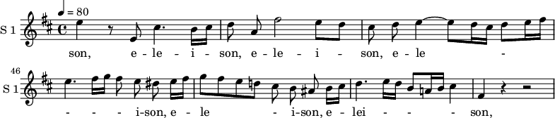 
\new Staff \with {
  midiInstrument = #"Flute"
  instrumentName = #"S 1 "
  shortInstrumentName = #"S 1"
  } {
   \relative c'' {  
   \time 4/4 \key b \minor 
  \set Score.currentBarNumber = #43
  \tempo 4 = 80
     \autoBeamOff

       e4 r8 e, cis'4. b16 [cis]
        d8 a   fis'2 e8[d]
%45
       cis8 d e4~ e8 [d16 cis] d8 [e16 fis]
       e4. fis16 [g] fis8 e dis e16 [fis]
       g8 [fis  e d!] cis b ais b16 [cis]
       d4. e16 [d] b8 [a!16  b] cis4 
       fis,4 r r2
  }  }
 \addlyrics { 
              son,
              e -- le  -- i -- son,
              e -- le  -- i -- son,
              e -- le  - - - - i -- son,
              e -- le  -  i -- son, e -- lei  - - - son,
            }

