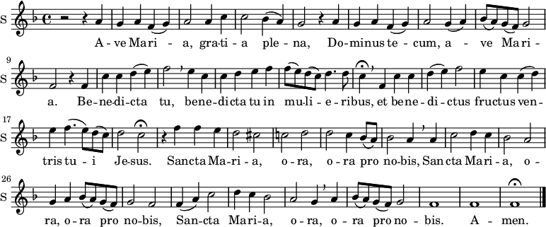 

\new ChoirStaff <<
\new Staff \with {
  midiInstrument = #"Flute"
  instrumentName = #"S "
  shortInstrumentName = #"S "
 }  {
  \relative c'' { 
   \time 4/4 \key f \major 
        r2 r4 a4
	g4 a f( g)
	a2 a4 c
	c2 bes4( a)
        g2 r4 a
%5
	g4 a f( g) |
	a2 g4( a)
	bes8 ( a) g ( f) g2
	f2 r4 f
	c'4 c d( e)
%10
	f2 \breathe e4 c |
        c4 d e f
	f8 (e) d (c) d4. d8
	c4^\fermata \breathe f, c' c
	d4( e) f2
%15
	e4 c c( d) |
	e4 f4.( e8) d ( c)
	d2 c^\fermata
	r4 f f e
	d2 cis
%20
	c!2 d |
	d2 c4 bes8 ( a)
	bes2 a4 \breathe a
	c2 d4 c
	bes2 a
%25
	g4 a bes8 ( a) g( f) |
	g2 f
	f4( a ) c2
	d4 c bes2
	a2 g4 \breathe a
%30
	bes8 ( a) g ( f) g2 |
	f1
	f1
	f1^\fermata \bar "|."

  }  }
 \addlyrics { 
              A -- ve Ma -- ri -- a, gra -- ti -- a ple -- na,
        Do -- mi -- nus te -- cum, a -- ve Ma -- ri -- a.
        Be -- ne -- di -- cta tu, 
        be -- ne -- di -- cta tu in mu -- li -- e -- ri -- bus,
        et be -- ne -- di -- ctus fru -- ctus ven -- tris tu -- i Je -- sus.
        San -- cta Ma -- ri -- a, o -- ra, o -- ra pro no -- bis,
        San -- cta Ma -- ri -- a, o -- ra, o -- ra pro no -- bis,
        San -- cta Ma -- ri -- a, o -- ra, o -- ra pro no -- bis.
        A -- men.
            }
 >>
