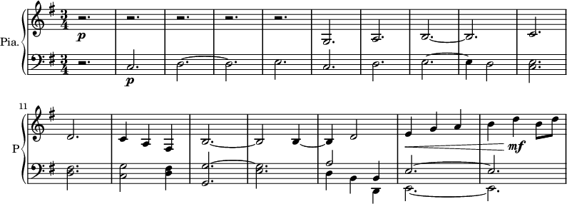 
<<
    \new PianoStaff  \with { instrumentName = #"Pia." shortInstrumentName = #"P"} <<
      \new Staff ="up" \relative c'' { 
        \time 3/4 \key g \major 
         r2.\p                          
         r2.
         r2.                          
         r2.                                  
         r2.
         g,2.
         a
         b2.~
         b2.
         c2.                      % 10
         d2.
         c4 a fis
         b2.~
         b2 b4~
         b4 d2
         e4\< g a
         b d\!\mf b8 d


      }
      \new Staff \relative c { 
        \clef bass
        \key g \major 
         r2.  
         c2.\p
         d2.~
         d2.
         e2.
         c2.
         d2. 
         e2.~
         e4 d2   
         <c e>2.
         <d fis>2.
         <c g'>2 
         <d fis>4
         <g, g'>2.~
         <e' g>2.
         << {a2 b,4 e2.~ e2. } \\ { d4 b d, e2.~ e2. } >>

       } 
    >>

>>
