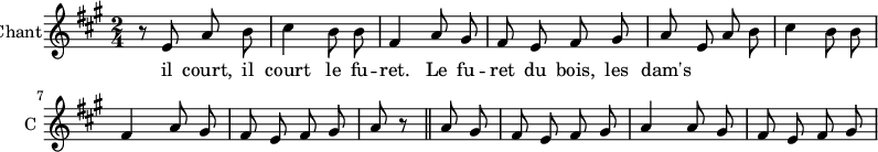 
\new Staff \with {
  midiInstrument = #"Flute"
  instrumentName = #"Chant"
  shortInstrumentName = #"C "
  } {
  \relative c' {  
   \time 2/4 \key a \major 
\autoBeamOff
        r8 e a b
        cis4 b8 b8
        fis4 a8 gis
        fis8 e fis gis 
        a8 e a b
        cis4 b8 b8
        fis4 a8 gis
        fis8 e fis8 gis
        a8 r8 \bar "||"
        a8 gis 
        fis e fis gis
        a4 a8 gis
        fis8 e fis gis
  }  }
 \addlyrics { 
              il court, il court le fu -- ret. 
              Le fu -- ret du bois, les dam's
            }
