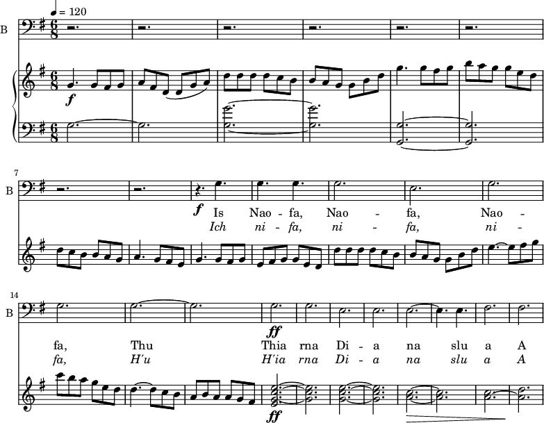 
<<
\new ChoirStaff <<
\new Staff \with {
 midiInstrument = "violin"
  shortInstrumentName = #"B "
  instrumentName = #"B "
 } 
  {                                    % Bass
  \relative c' { 
   \set Staff.midiMaximumVolume = #0.9
         \clef bass  
         \time 6/8 \key g \major 
        \tempo 4 = 120
        \repeat unfold 7 {r2.}
        r2.
        r4.\f  g
        g4. g
        g2. 
        e2. 
        g2.
        g2.
        g2.~
        g2.
        g2.\ff
        g2.
        e2.
        e2.
        e2.~
        e4. e
        fis2.
        fis2.


  }
}
 \addlyrics { Is
              Nao --
              fa,
              Nao --
              fa,
              Nao --
              fa,
              Thu
              Thia
              rna
              Di --
              a
              na
              slu
              a
              A
}
 \addlyrics { \override LyricText.font-shape = #'italic
              Ich
              ni --
              fa,
              ni --
              fa,
              ni --
              fa,
              H'u
              H'ia
              rna
              Di --
              a
              na
              slu
              a
              A
}
>>
    \new PianoStaff <<
      \new Staff ="up" \relative c'' { 
        \time 6/8 \key g \major 
        \tempo 4 = 120
  \set Staff.midiMaximumVolume = #0.9
        g4.\f g8 fis g
        a fis d( d g a)
        d d d d c b
        b a g g b d
        g4. g8 fis g
        b a g g e d
        d c b b a g
        a4. g8 fis e
  \set Staff.midiMaximumVolume = #0.4
        g4. g8 fis g
        e fis g  g e d
        d' d d d c b
        b a g g b d
        e4.~ e8 fis g
        c b a g e d
        d4.~ d8 c b 
        a b a a g fis

        <e g c e>2.~\ff
        <g c e>
        <g c e>2.~
        <g c e>                    %20
        <a c>2.~\>
        <a c>
        <a c>2.~
        <a d>\!

      }
      \new Staff \relative c' { 
        \clef bass
        \key g \major 
      g2.~
      g2.
      <g g'>2.~
      <g g'>2.
      <g, g'>2.~
      <g g'>2.
         
       } 
    >>

>>
