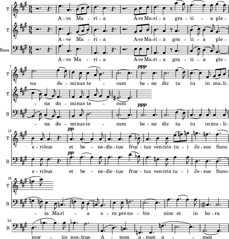 
<<

\new Staff \with {
  midiInstrument = "trumpet"
  shortInstrumentName = #"T "
  instrumentName = #"T "
  } {
  \relative c' {  
   \clef "treble_8"
   \time 9/8 \key a \major 
  r2. r4.
        e4. a,4. b8 (cis d)
        d4. cis4. r4.
        r2. b8 cis d
        d4. cis4 r8 a'4 (gis8)
        fis4. (fis4) fis8 gis4 (fis8)
        e2.   fis4 (e8)
        d4 cis8 cis4 ( a8 b4.)
        cis2. (cis4.)
        cis2. ^\ppp cis4.
        cis2.  fis4 (d8)
        cis4. (cis4) fis,8 gis8 (a8) b8
        b4 a8 a4. r4.
        a4. ^\pp a4. (a4) a8
        a4. a4. d4 (bes8)

        a4. b4 b8 e8 (f) g
        g4. f4. f4. 
        (f4 a8)
  }  }
 \addlyrics { 
             A -- ve Ma -- ri -- a 
             A -- ve Ma -- ri -- a 
            gra -- ti -- a ple -- na
              do -- mi -- nus te -- cum
               be -- ne dic ta tu in mu -- li -- e -- ri -- bus
              et be -- ne -- dic -- tus fruc -- tus ven -- tris tu -- i Je -- sus
              Sanc -- ta Ma -- ri -- a
              o -- ra pro no -- bis
              ninc et in ho -- ra mor -- tis nos -- trae  A -- men a -- men a -- men
            }

\new Staff \with {
  midiInstrument = "trumpet"
  shortInstrumentName = #"T "
  instrumentName = #"T "
  } {
  \relative c' {  
   \clef "treble_8"
   \time 9/8 \key a \major 
      r2. r4.
        cis4. e,4. gis8 (a b)
        b4. a4. r4.
        r2. gis8 a b
        b4. a4 r8 a4.
        b4 (cis8) b4 (a8) gis4.
        ( cis4 b8) a4 (gis8) fis4.
        fis4 fis8 fis4 (a8 gis4 fis8)
        eis2. ( eis4. )
  }  }
 \addlyrics { 
             A -- ve Ma -- ri -- a 
             A -- ve Ma -- ri -- a 
            gra -- ti -- a ple -- na
              do -- mi -- nus te -- cum
               be -- ne dic ta tu in mu -- li -- e -- ri -- bus
              et be -- ne -- dic -- tus fruc -- tus ven -- tris tu -- i Je -- sus
              Sanc -- ta Ma -- ri -- a
              o -- ra pro no -- bis
              ninc et in ho -- ra mor -- tis nos -- trae  A -- men a -- men a -- men
            }

\new Staff \with {
  midiInstrument = "voice oohs"
  shortInstrumentName = #"B "
  instrumentName = #"Bass "
  } {
  \clef bass \relative c' {  
   \time 9/8 \key a \major 
        r2. r4.
        a4. cis,4. e4. 
        a,4. a4. r4. 
        r2. e'8 e e
        a,4. a4 r8 cis4.
        cis4 (e8) d4 (cis8) b4.~
        b4 (d8) cis4 (b8) a4.
        b4 cis8 d2.
        cis2. (cis4.)
        cis2. ^\ppp  cis4.
        cis2. fis4 (e8)
        cis4. (cis4) cis8 cis4 cis8 
        fis4  fis8 fis 4. r4.
        a4. ^\pp a4. (a4) a8
        a4. a4. d4 (bes8)
        a4. f4 f8 a4 a8
        d,4. d4. d4.
        (g4 f8)  e4 d8 c4.
        (f4 e8) d4  (c8) b4.
        e4 e8 f2.
        e2. (e4.)
       a4. a4. (a4) a8
       cis,?4. cis2.
       d4. ( bes'4. bes4) bes8
       bes4. a2.
      a,4. ( d4.) c4.
      f,4. f4. f'4. 
      (e2. e4.)
      a,2. (a4.)
  }  }
 \addlyrics { 
              A -- ve Ma -- ri -- a 
              A -- ve Ma -- ri -- a 
              gra -- ti -- a ple -- na
              do -- mi -- nus te -- cum
               be -- ne dic ta tu in mu -- li -- e -- ri -- bus
              et be -- ne -- dic -- tus fruc -- tus ven -- tris tu -- i Je -- sus
              Sanc -- ta Ma -- ri -- a
              o -- ra pro no -- bis
              ninc et in ho -- ra mor -- tis nos -- trae  A -- men a -- men a -- men
            }
>>
