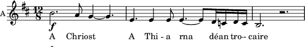 
<<
\new ChoirStaff <<
\new Staff \with {
  instrumentName = #"A"  
  shortInstrumentName = #"A"
  midiInstrument = "violin"
 } 
  {                                    % alto B
  \relative c'' { 
   \set Staff.midiMaximumVolume = #0.9
   \time 12/8 \key d \major 
   \set Score.currentBarNumber = #23
     b2.\f  a8 g4~ g4.
      e4. e4 e8 e4.~ e8 d16 c d c
      b2. r
  }
}
\addlyrics {    
 
              A Chrio -- st A Thi --
              a rna dé -- an tro --  - 
              caire 
            }
\addlyrics { - }
>>
>>
