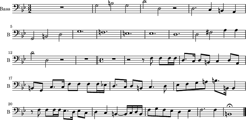 
\new Staff \with {
  midiInstrument = "cello"
  shortInstrumentName = #"B "
  instrumentName = #"Bass "
  } {
  \clef bass \relative c' {  
   \time 3/2 \key g \minor 
 R1.
   g2 b g
    d' d, r
    d2. c4 b a
    g2 b d %5
    g1.
    f!
    e
    es
    d %10
    d2 fis a4 a
    d2 d, r \noBreak
    R1.\fermata \bar "||"
    \time 4/4 
      R1 \noBreak
    r2 r8 f f f16 f %15
    d8. c16 d8 b c4 d8[ a]
    b[ g] c8. c16 f8 f f f16 es!
    d8. c16 d8 b c4. d8
    es8[ f g a!] b8. b,16 b4
    r8 f' f f16 f es8. d16 es8 c %20
    d4 c b~ b16[ c d b]
    f'8[ g f es] d4 es
    f2. f4
    b,1\fermata \bar "|." %24 finis
  }  }
 \addlyrics { 

            }
