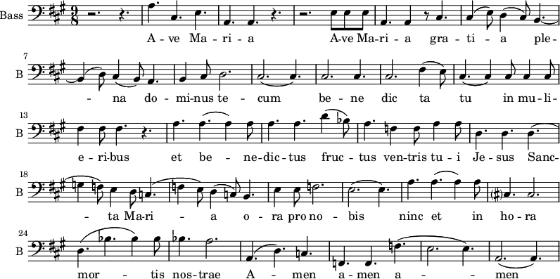 
\new Staff \with {
  midiInstrument = "voice oohs"
  shortInstrumentName = #"B "
  instrumentName = #"Bass "
  } {
  \clef bass \relative c' {  
   \time 9/8 \key a \major 
        r2. r4.
        a4. cis,4. e4. 
        a,4. a4. r4. 
        r2. e'8 e e
        a,4. a4 r8 cis4.
        cis4 (e8) d4 (cis8) b4.~
        b4 (d8) cis4 (b8) a4.
        b4 cis8 d2.
        cis2. (cis4.)
        cis2. cis4.
        cis2. fis4 (e8)
        cis4. (cis4) cis8 cis4 cis8 
        fis4 fis8 fis 4. r4.
        a4. a4. (a4) a8
        a4. a4. d4 (bes8)
        a4. f4 f8 a4 a8
        d,4. d4. d4.
        (g4 f8)  e4 d8 c4.
        (f4 e8) d4  (c8) b4.
        e4 e8 f2.
        e2. (e4.)
       a4. a4. (a4) a8
       cis,?4. cis2.
       d4. ( bes'4. bes4) bes8
       bes4. a2.
      a,4. ( d4.) c4.
      f,4. f4. f'4. 
      (e2. e4.)
      a,2. (a4.)
  }  }
 \addlyrics { 
              A -- ve Ma -- ri -- a 
              A -- ve Ma -- ri -- a 
              gra -- ti -- a ple -- na
              do -- mi -- nus te -- cum
               be -- ne dic ta tu in mu -- li -- e -- ri -- bus
              et be -- ne -- dic -- tus fruc -- tus ven -- tris tu -- i Je -- sus
              Sanc -- ta Ma -- ri -- a
              o -- ra pro no -- bis
              ninc et in ho -- ra mor -- tis nos -- trae  A -- men a -- men a -- men
            }
