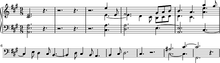 <<
\new PianoStaff <<
\new Staff \with {
midiInstrument = "church organ"
} \relative c' {
\key a \major \time 9/8
<cis e>2. r4.
r2. r4.
r2. << { e'4 e,8 fis2. gis8 a b b4. a4. a'4 gis8}
\\ { e,4.~ e4. d4 cis8 b cis d d4. cis4. <a' e'>4.} >>
}
\new Staff \with {
midiInstrument = "church organ"
} \relative c {
\clef bass
\key a \major \time 9/8
<a e' a>2. r4.
r2. r4.
r2. <cis a'>4.
<d a'>2. e4.~
<a, e'>2. cis4.~
cis4 e8 d4 cis8 b4.~
b4 d8 cis4 b8 a4.
b4 cis8 d2.
cis4. r2.
<< {ais'2. cis4.~ cis2.~ } \\ {cis,2.~ cis4. fis,2.} >> r4.
}
>>
>>